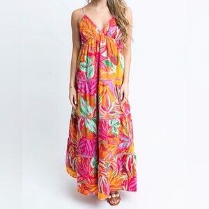 Karlie Tropical Floral Maxi Dress in Orange, Pink & Green